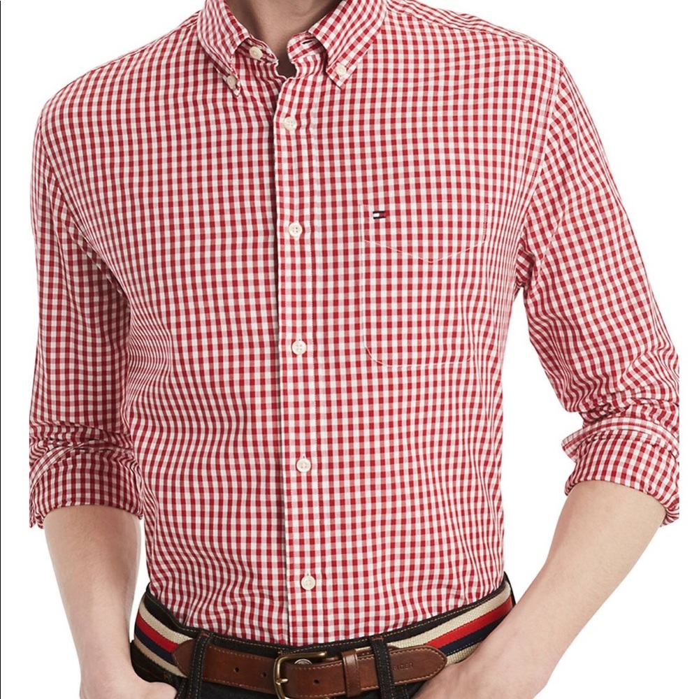 Tommy Hilfiger Men’s Button Down Shirt Red/White Checkered Shirt Sz 32 Neck 15